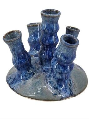 Studio Art Pottery Blue Drip Glaze Bud Vase Coral Style Ceramic Decor